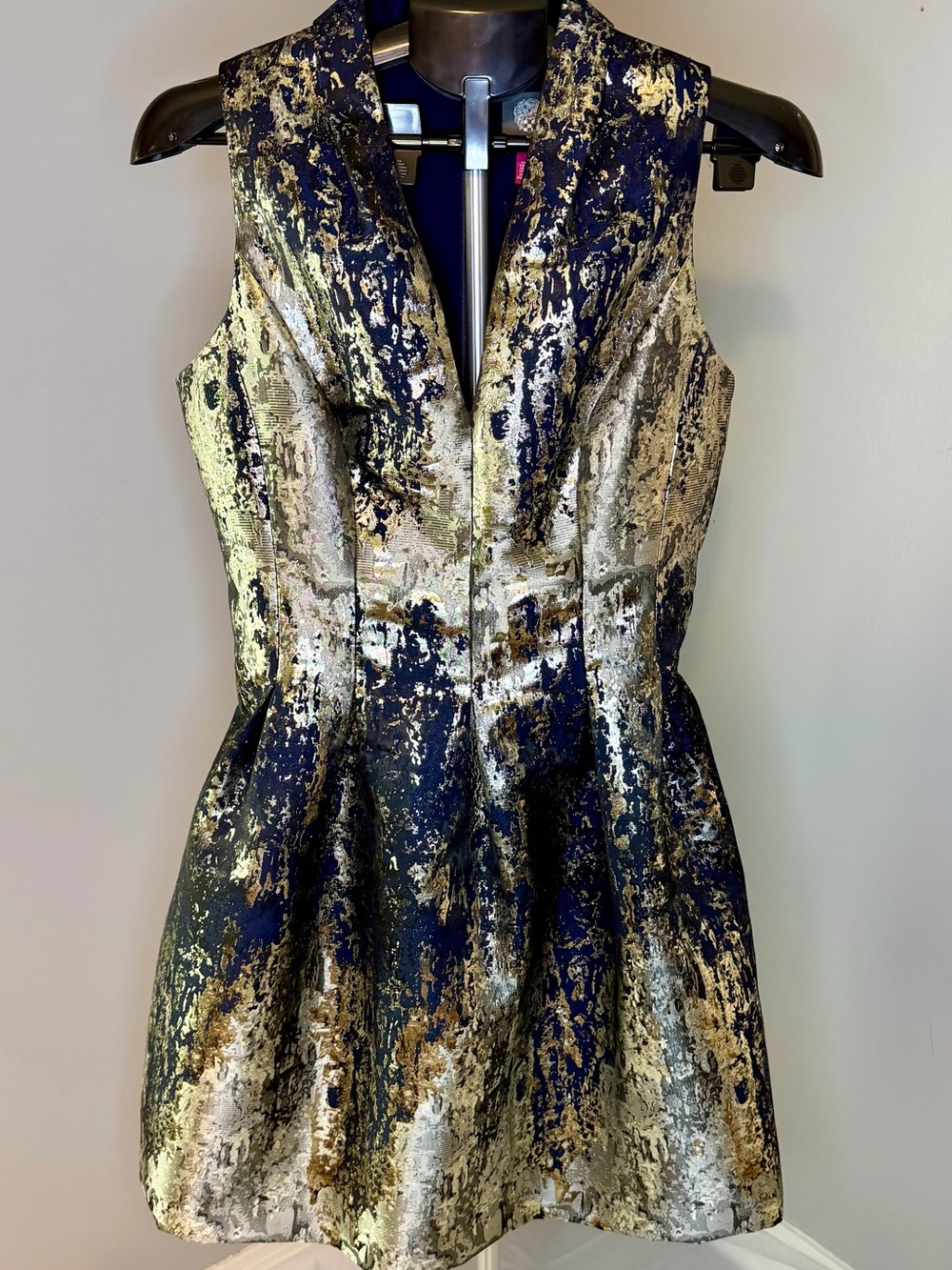 Vince Camuto Navy, Gold and Silver Metallic Textured Mini Dress